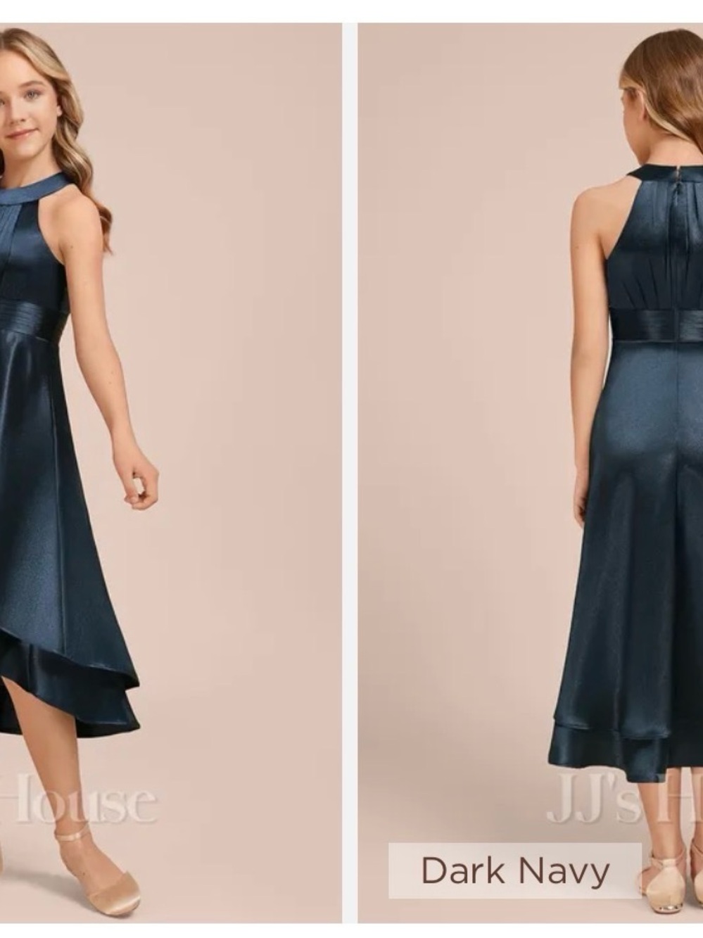 JJs House Dark Navy Satin Halter High-Low Dress